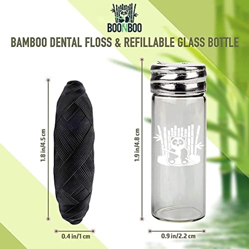 חוט דנטלי של בונבו | בקבוק זכוכית ניתן למילוי מחדש + 3 חוטים | סהכ 300ft/90m | סיבים ארוגים של פחם במבוק עם